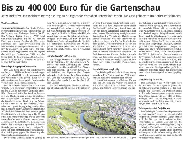 Grüner Antrag in der Region bringt Gartenschauförderung nach Vaihingen/Enz